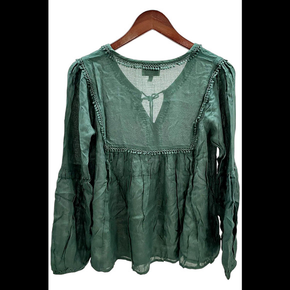 Haute Hippie Tribe Peasant Blouse with Tie Neck Detail Trekking Green - Regular - Picture 1 of 2